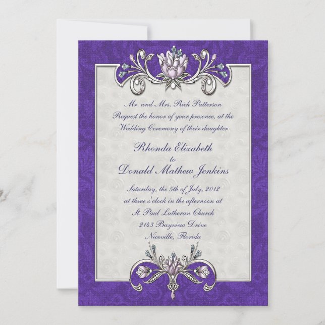Purple Damask Wedding Invitation (Front)