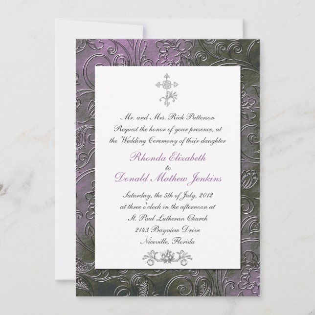 Purple Damask Wedding Invitation (Front)