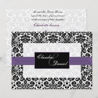 purple  damask wedding invitation