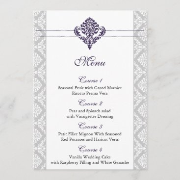 purple damask wedding menu