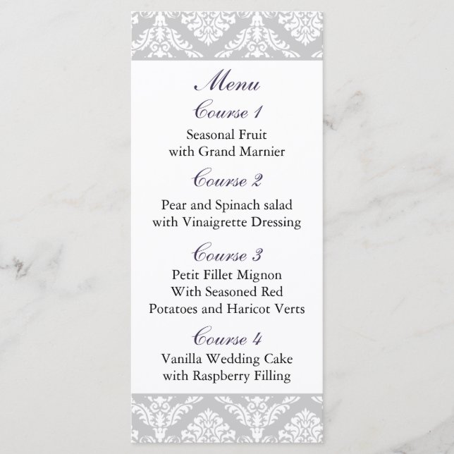 purple damask Wedding menu (Front)