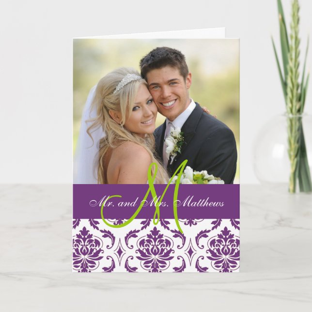 Purple Damask Wedding Photo Thank You Card (Front)