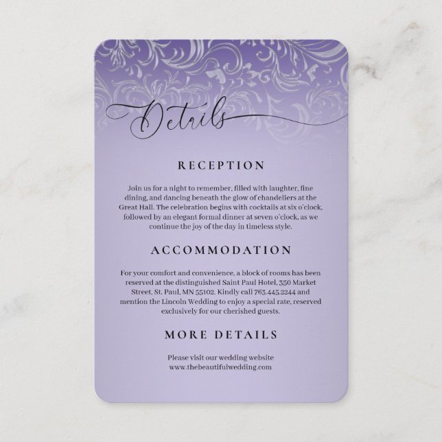 Purple Damask Wedding Reception Enclosure Card (Front)