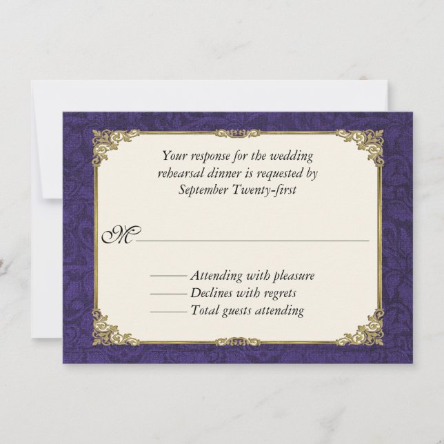 Purple Damask Wedding Rehearsal Dinner RSVP Card (Front)