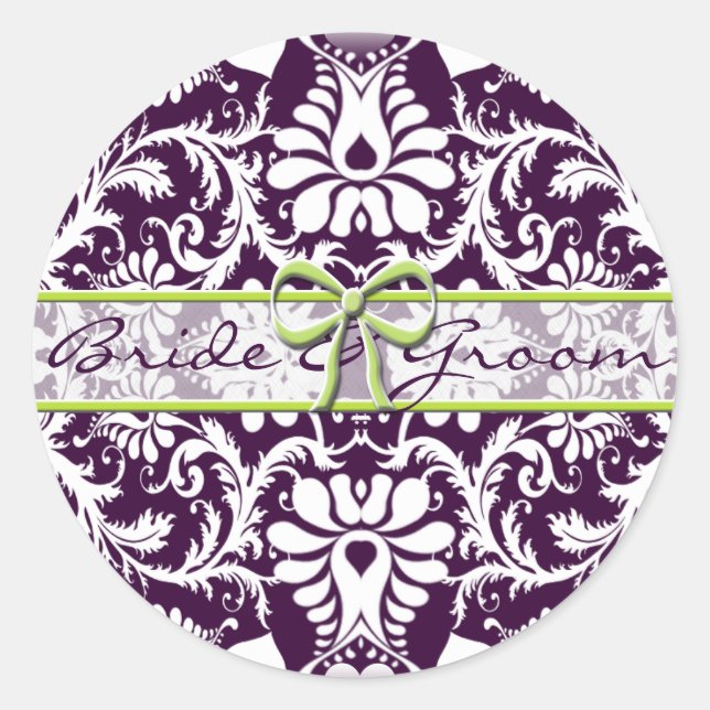 Purple Damask Wedding Save the Date Sticker (Front)