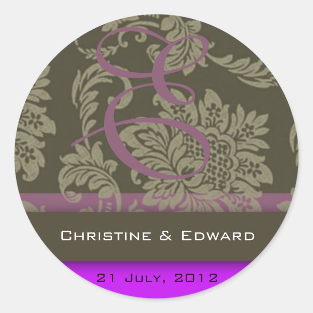 Purple Damask Wedding Sticker (Front)