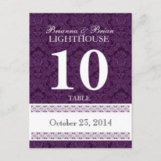 Purple Damask Wedding Table Number Card Reception