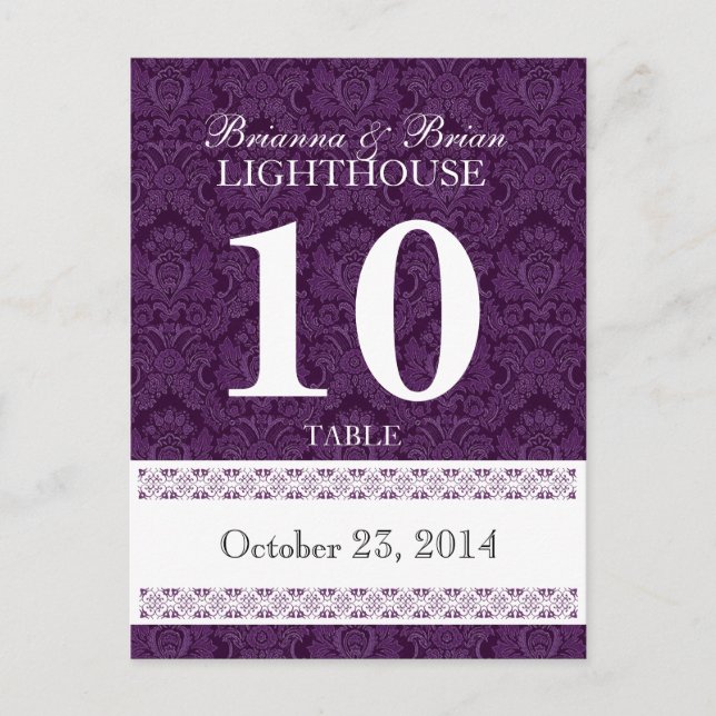 Purple Damask Wedding Table Number Card Reception (Front)