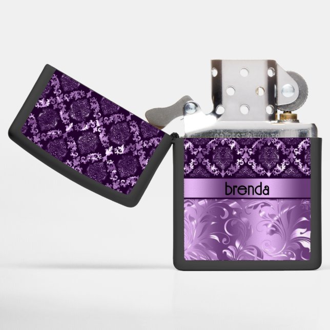 Purple damasks and swirls pattern zippo lighter (Opened)