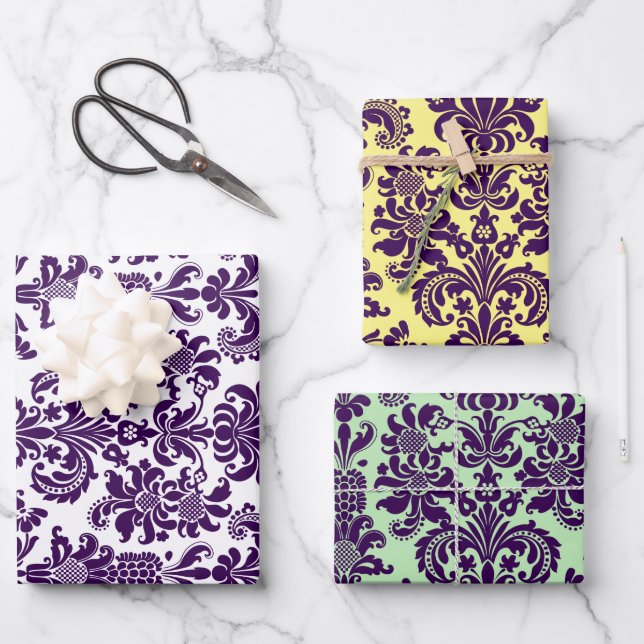 Purple Damasks On White, Green and Yellow Wrapping Paper Sheets (Front)