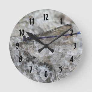 Purple Damsefly On Quartz Rock Nature Round Clock