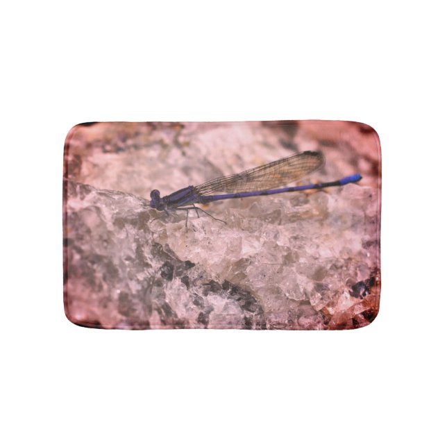 Purple Damselfly On Quartz Rock Close Up  Bath Mat (Front)