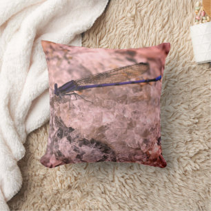 Purple Damselfly On Quartz Rock Close Up Throw Pillow