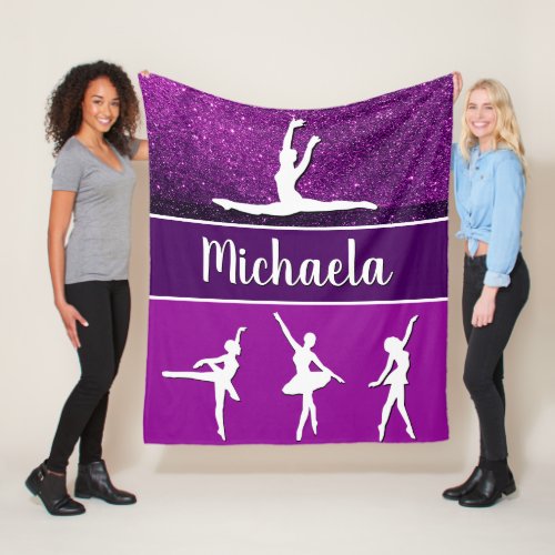 Purple Dance Ballerina Customizable Name Glitter Fleece Blanket