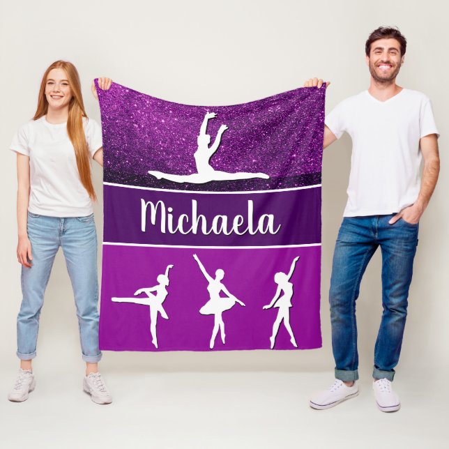 Purple Dance Ballerina Customizable Name Glitter Fleece Blanket (In Situ)