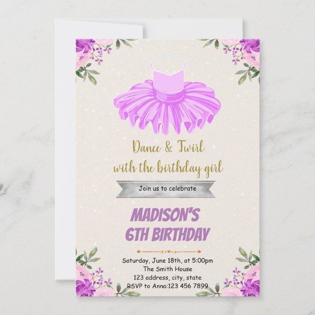 Purple dance ballerina invitation (Front)