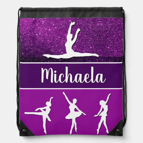 Purple Dance Ballerina Name Glitter Silhouette Drawstring Bag