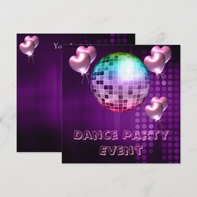 Purple Dance Party Event Mirrorball Love Balloons Invitation (Front/Back)