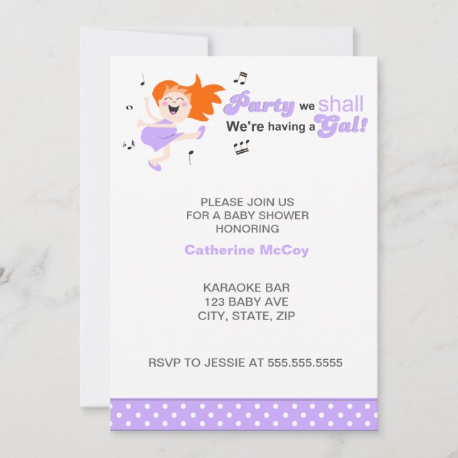 Purple Dancing Redhead Mom-to-be girl baby shower Invitation (Front)