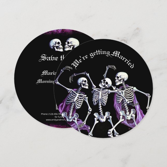 Purple Dancing Skeletons Gothic Save the Date Holiday Card (Front/Back)