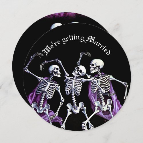 Purple Dancing Skeletons Gothic Save the Date Holiday Card