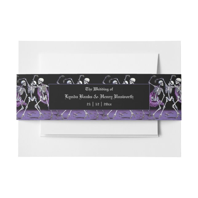 Purple Dancing Skeletons Gothic Wedding Invitation Belly Band (Front Example)