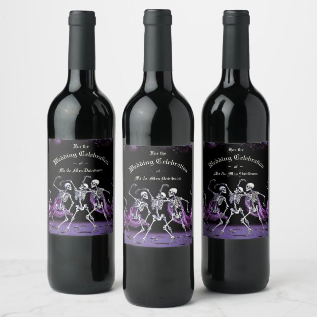 Purple Dancing Skeletons Gothic Wedding Wine Label (Bottles)