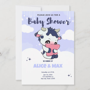 Purple Dark Blue Cow White Cloud Baby Shower Invitation