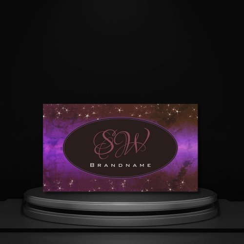 Purple Dark Burgundy Galaxy Glitter Stars Initials Business Card