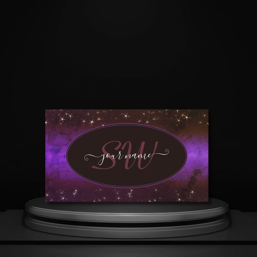 Purple Dark Burgundy Galaxy Glitter Stars Monogram Business Card