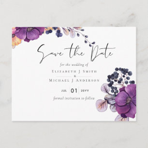 Purple Dark Floral Budget Wedding Save Dates Postcard
