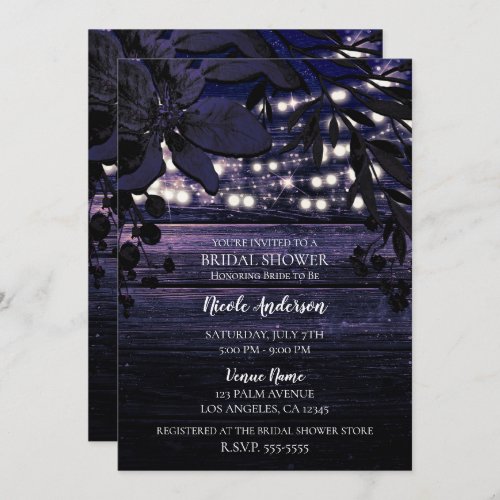 Purple Dark Floral Wood Lights Bridal Shower Invitation