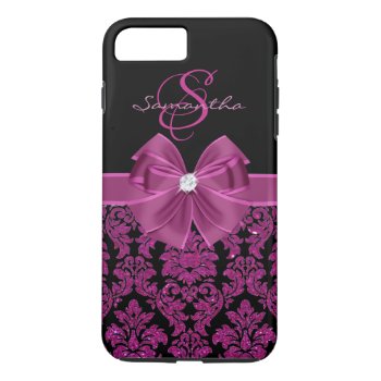 Purple Dark Magenta Glitter Black Damask  Bow Iphone 8 Plus/7 Plus Case by storechichi at Zazzle