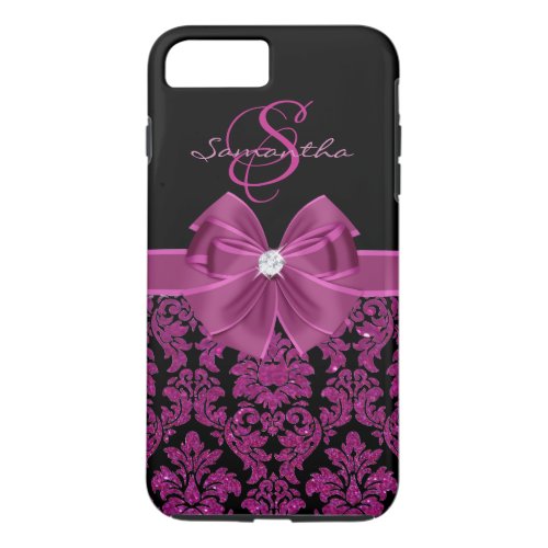 Purple Dark Magenta Glitter Black Damask Bow iPhone 8 Plus7 Plus Case