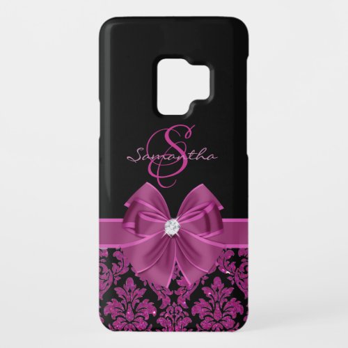 Purple Dark Magenta Glitter Black Damask Bow Case_Mate Samsung Galaxy S9 Case
