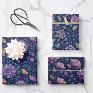 Purple Dark Magnolia And Rose Wrapping Paper