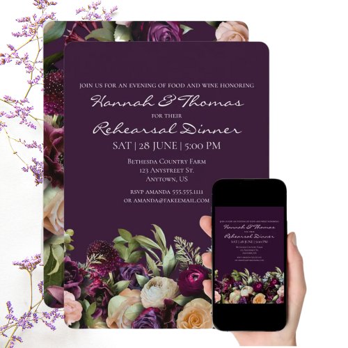 Purple Dark Moody Elegant Floral Rehearsal Dinner Invitation