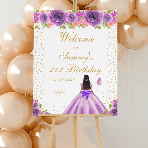 Purple Dark Skin Girl Birthday Party Welcome Foam Board