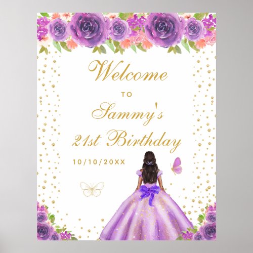 Purple Dark Skin Girl Birthday Party Welcome Poster