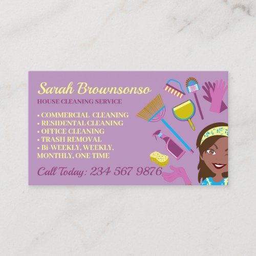 Purple Dark Skin Janitorial Lady House Cleaning Business Card