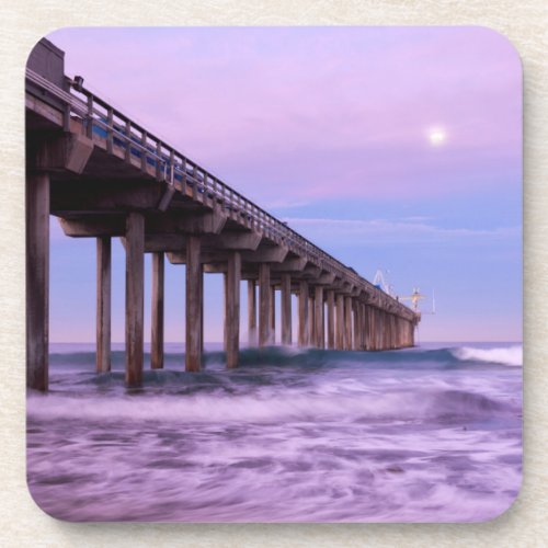 Purple dawn over pier California Drink Coaster