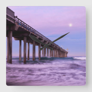Purple dawn over pier, California Square Wall Clock