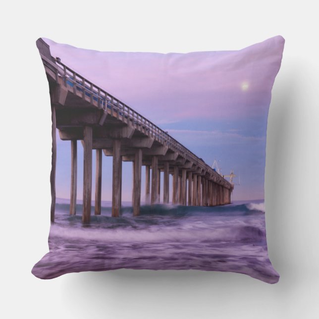 Purple dawn over pier, California Throw Pillow (Front)