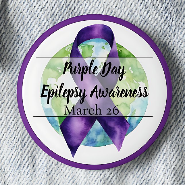 Purple Day Epilepsy Awareness March 26 Button (Purple Ribbon & Globe Purple Day for Epilepsy Awareness March 26 pinback button.)