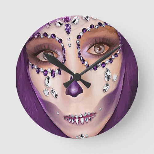 Purple Day Of The Dead Girl original Art  Round Clock