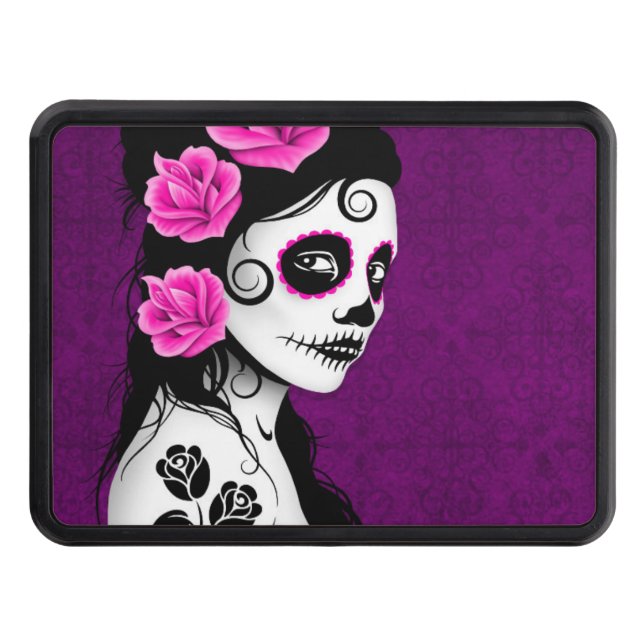 Purple Day of the Dead Sugar Skull Girl Tow Hitch Cover (Front)