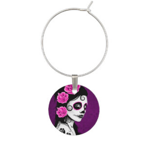 Purple Day of the Dead Sugar Skull Girl Wine Charm