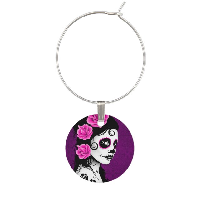 Purple Day of the Dead Sugar Skull Girl Wine Charm (Front)