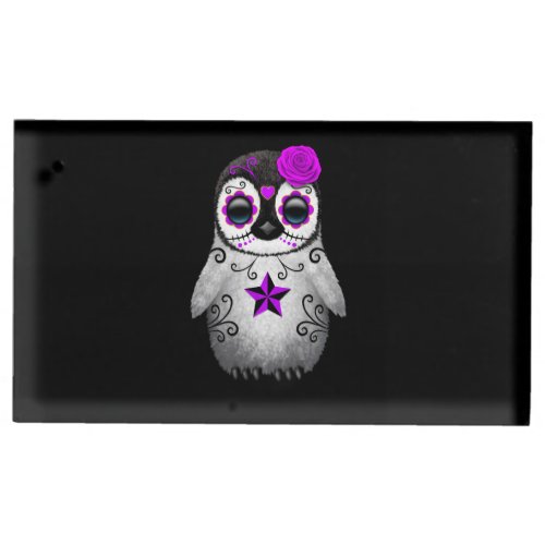 Purple Day of the Dead Sugar Skull Penguin Black Place Card Holder