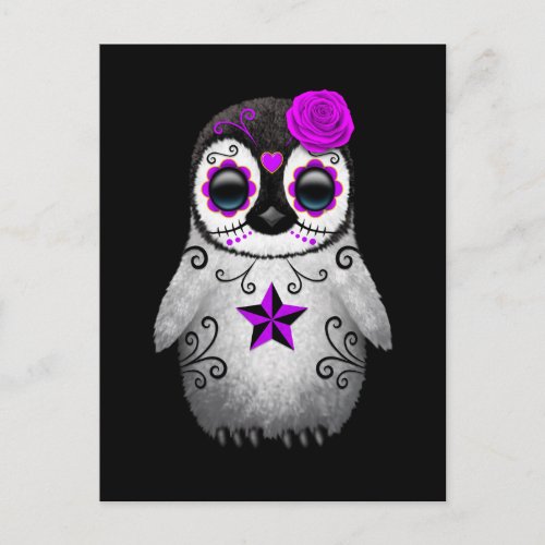 Purple Day of the Dead Sugar Skull Penguin Black Postcard